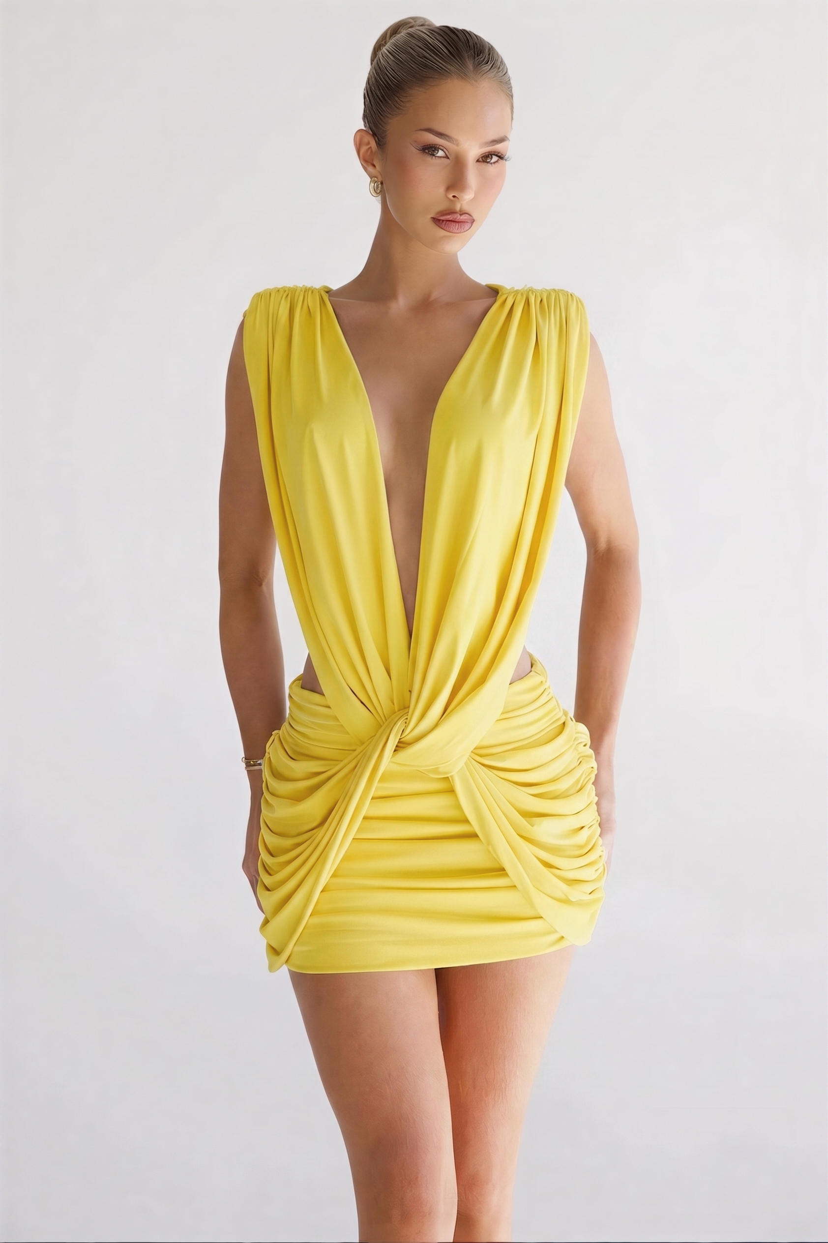 Deep V Twist Ruched Sleeveless Mini Dress
