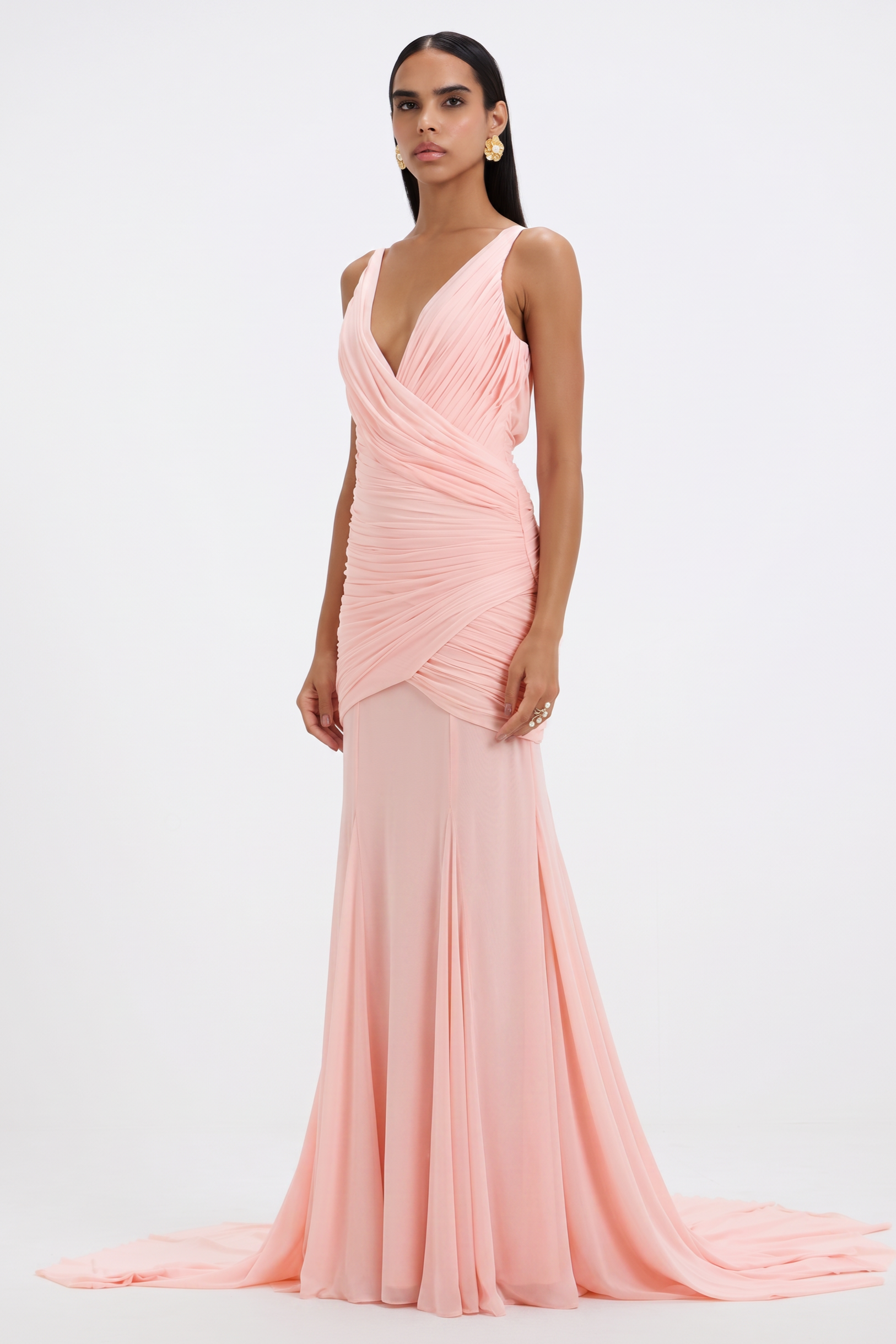 Mesh V-Neck Gathering Maxi Dress