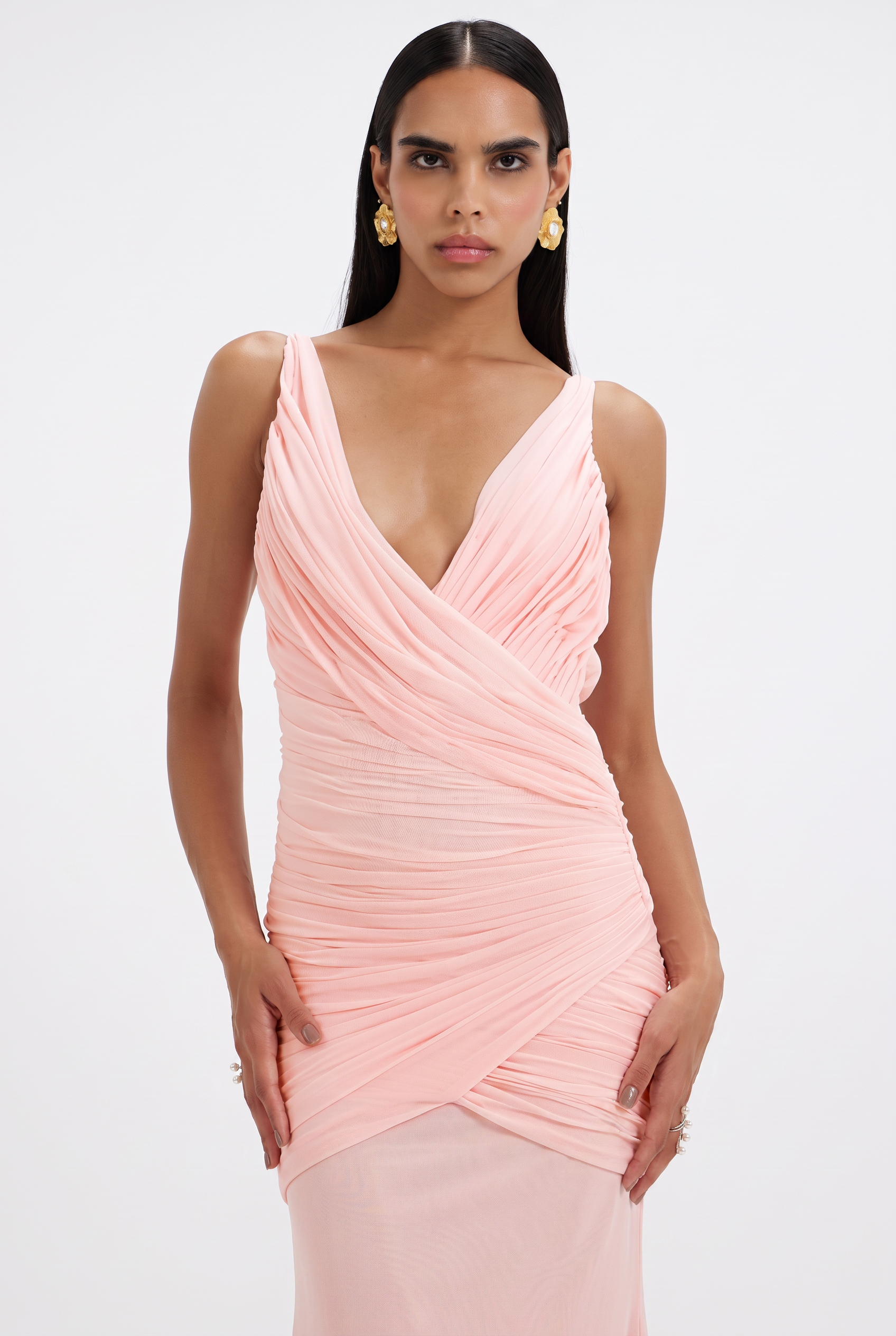 Mesh V-Neck Gathering Maxi Dress