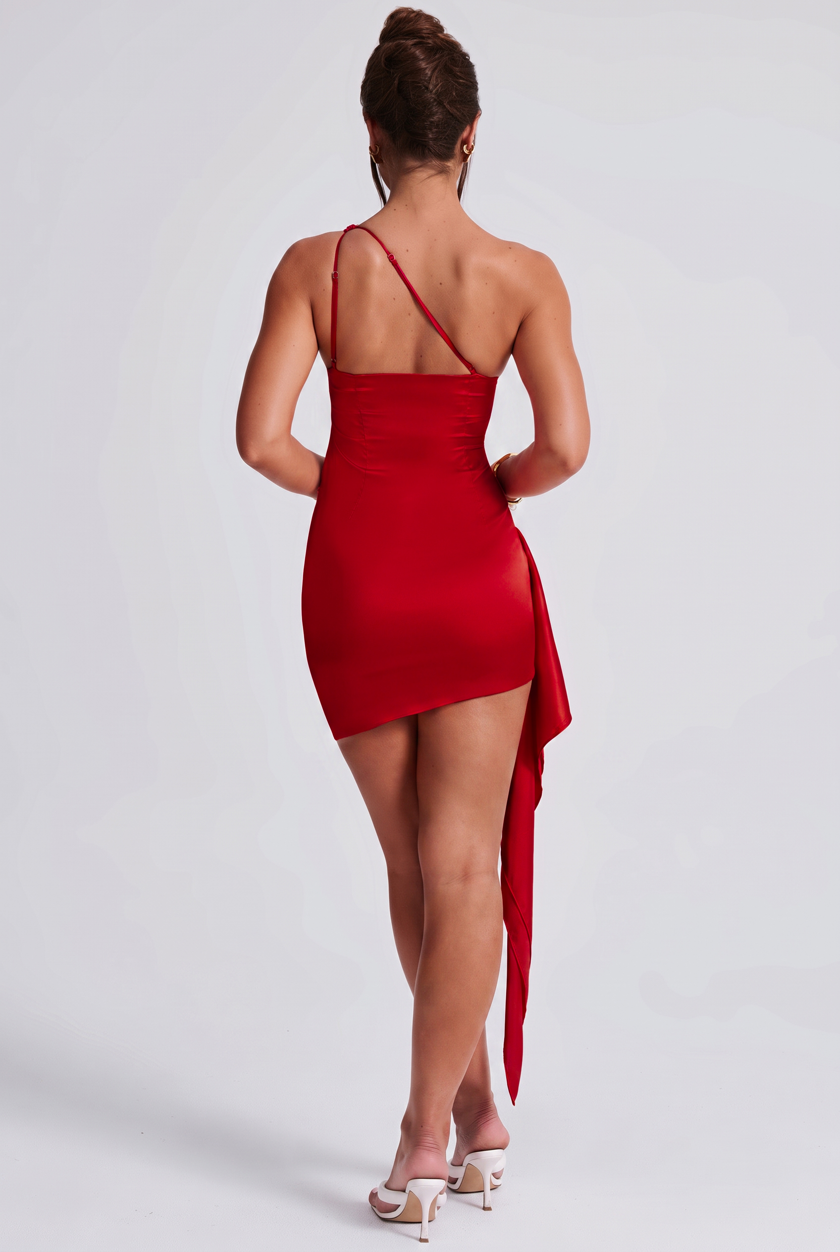 Satin One Shoulder Ruched Sash Mini Dress