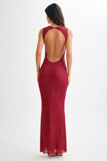 Mesh Rhinestone Off Shoulder Maxi Dress