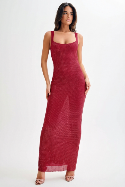 Mesh Rhinestone Off Shoulder Maxi Dress