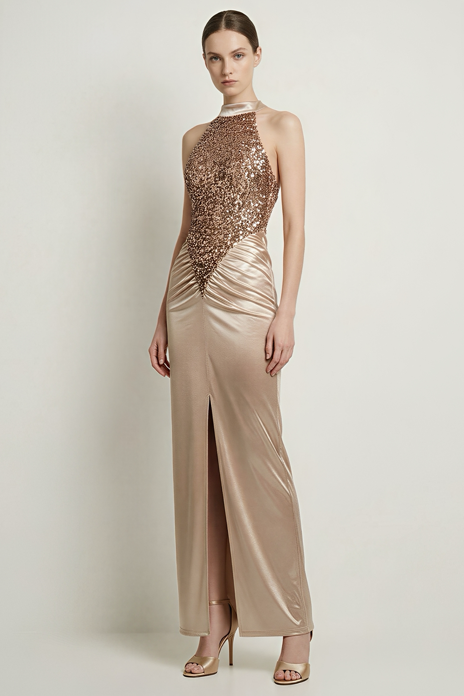 Sequin Splicing Satin Gathering Sleeveless Maxi Dress