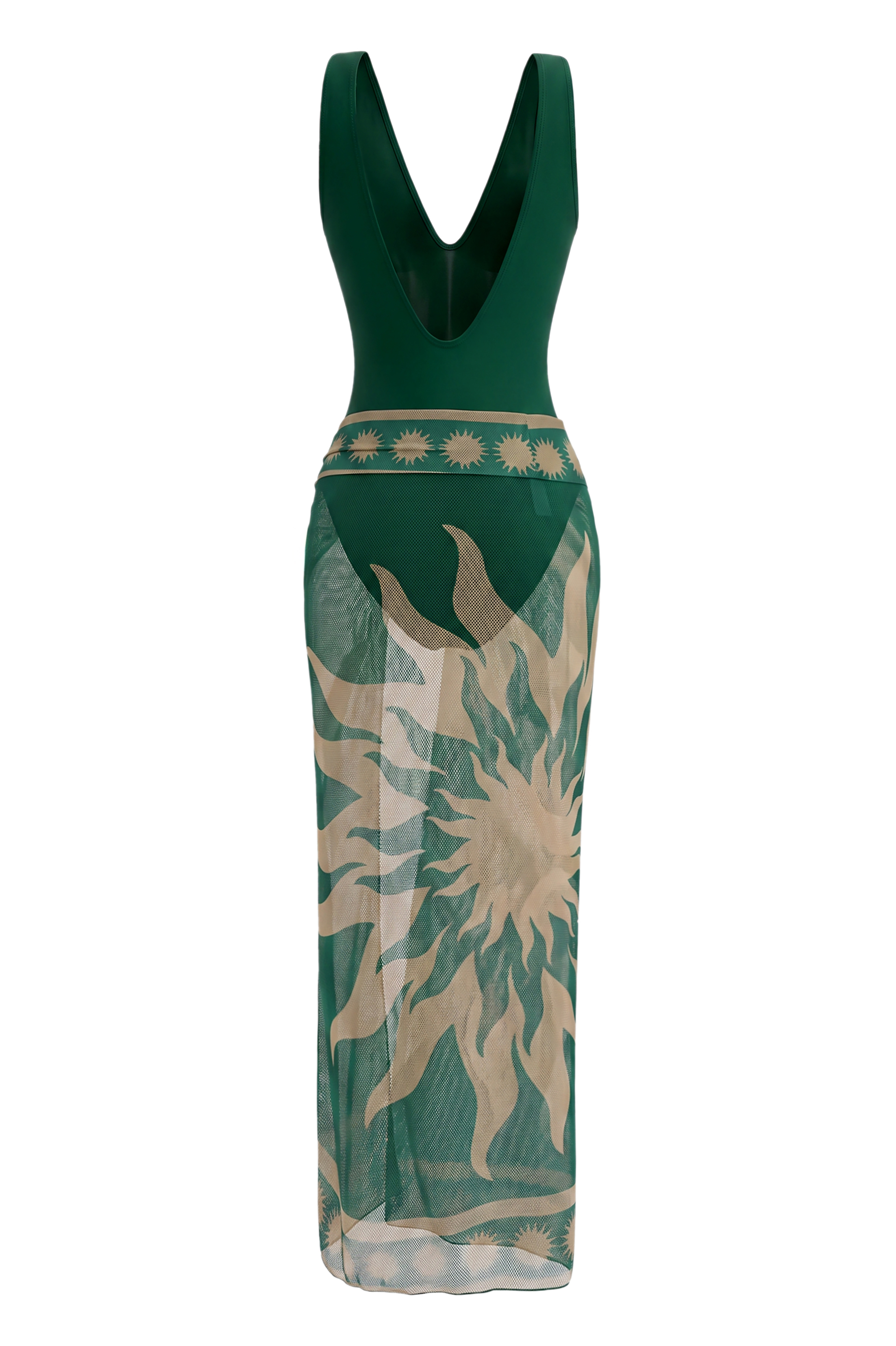 Metallic Conch Decorated One Piece Swimsuit & Tie-Wrap Cover Up Skirt Set