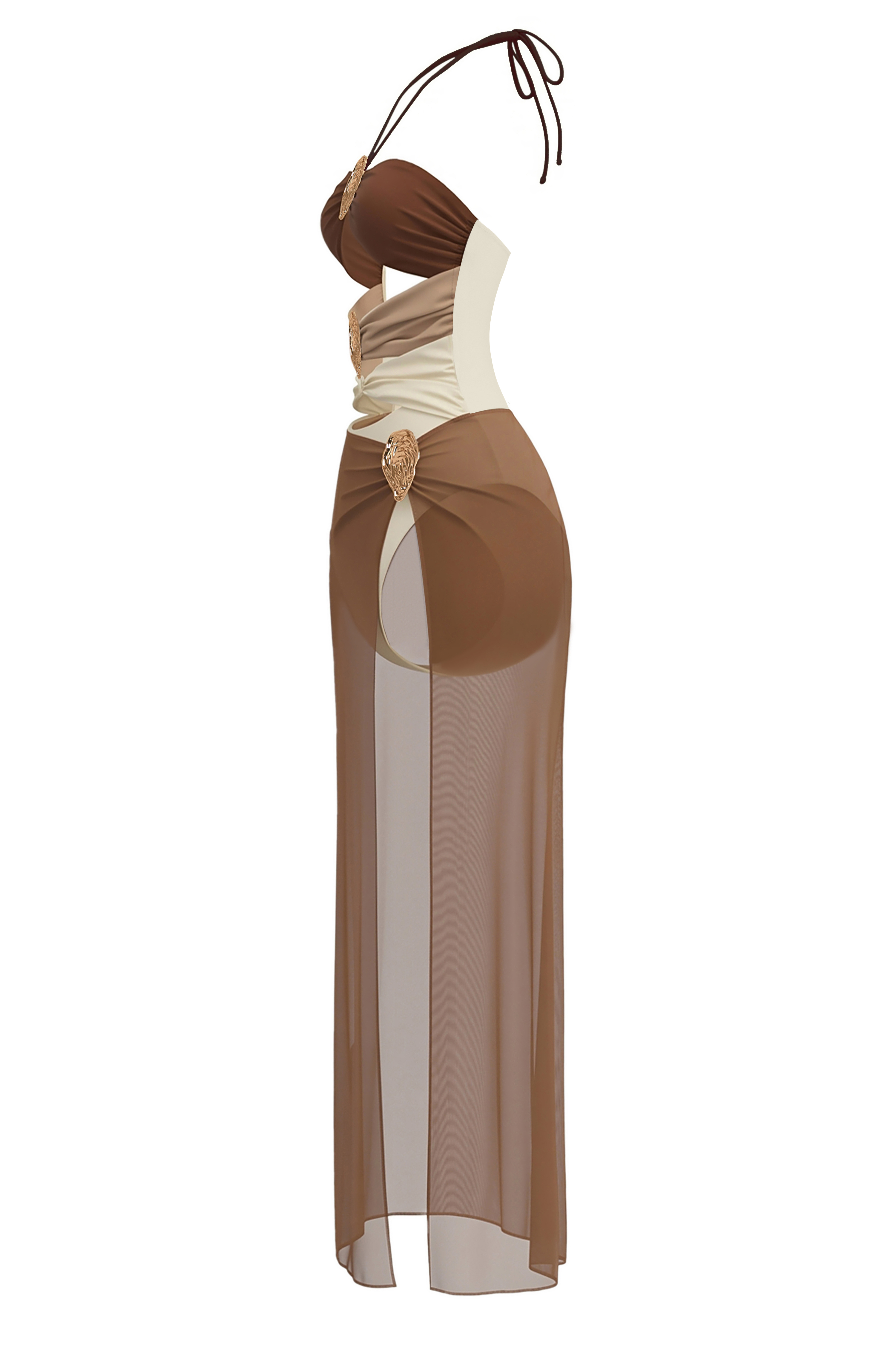 Halter-Neck Metal  Decorated One Piece Swimsuit & Cover Up Skirt Set