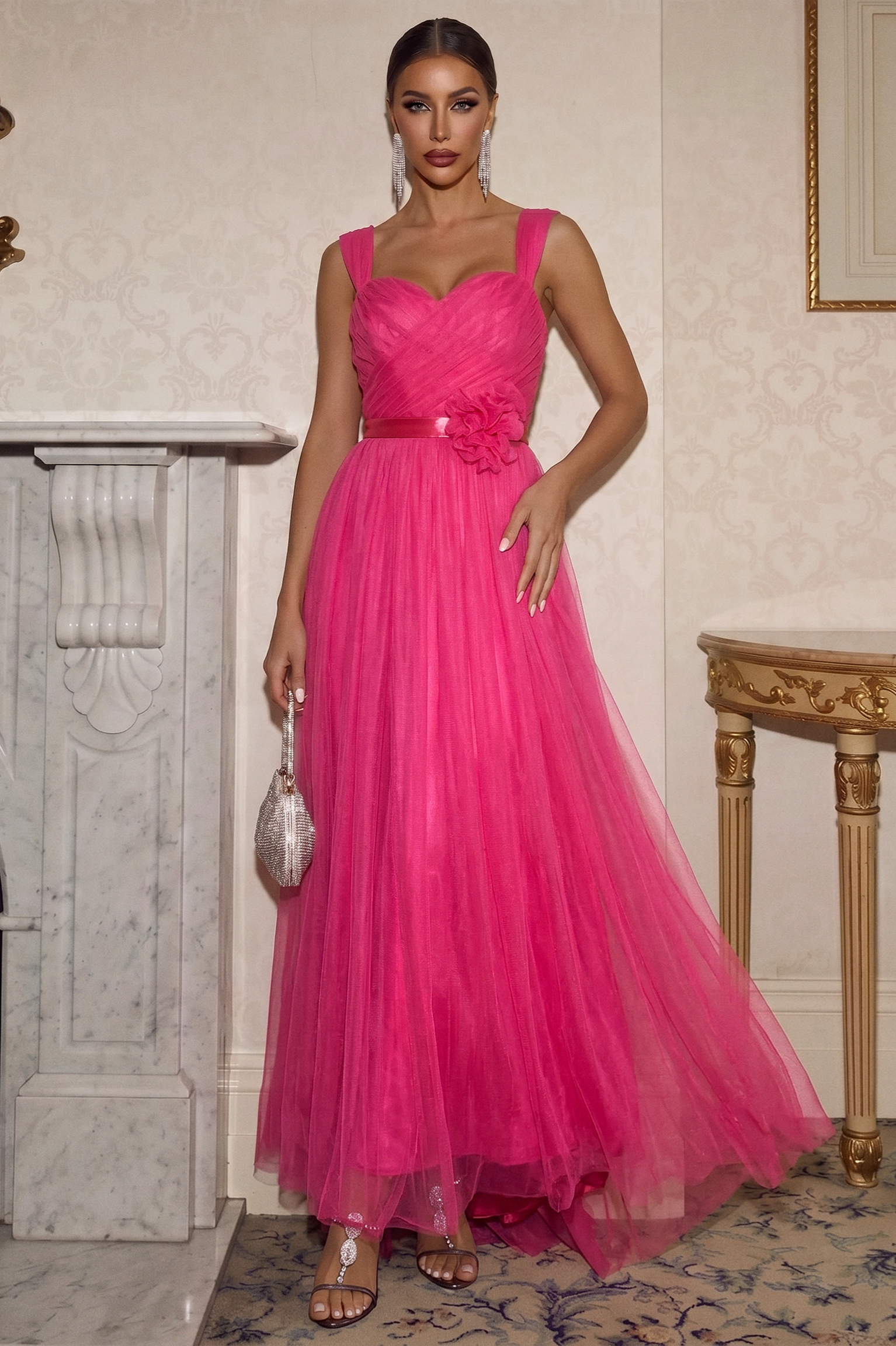 Mesh 3D Flower Halter Neck Maxi Dress