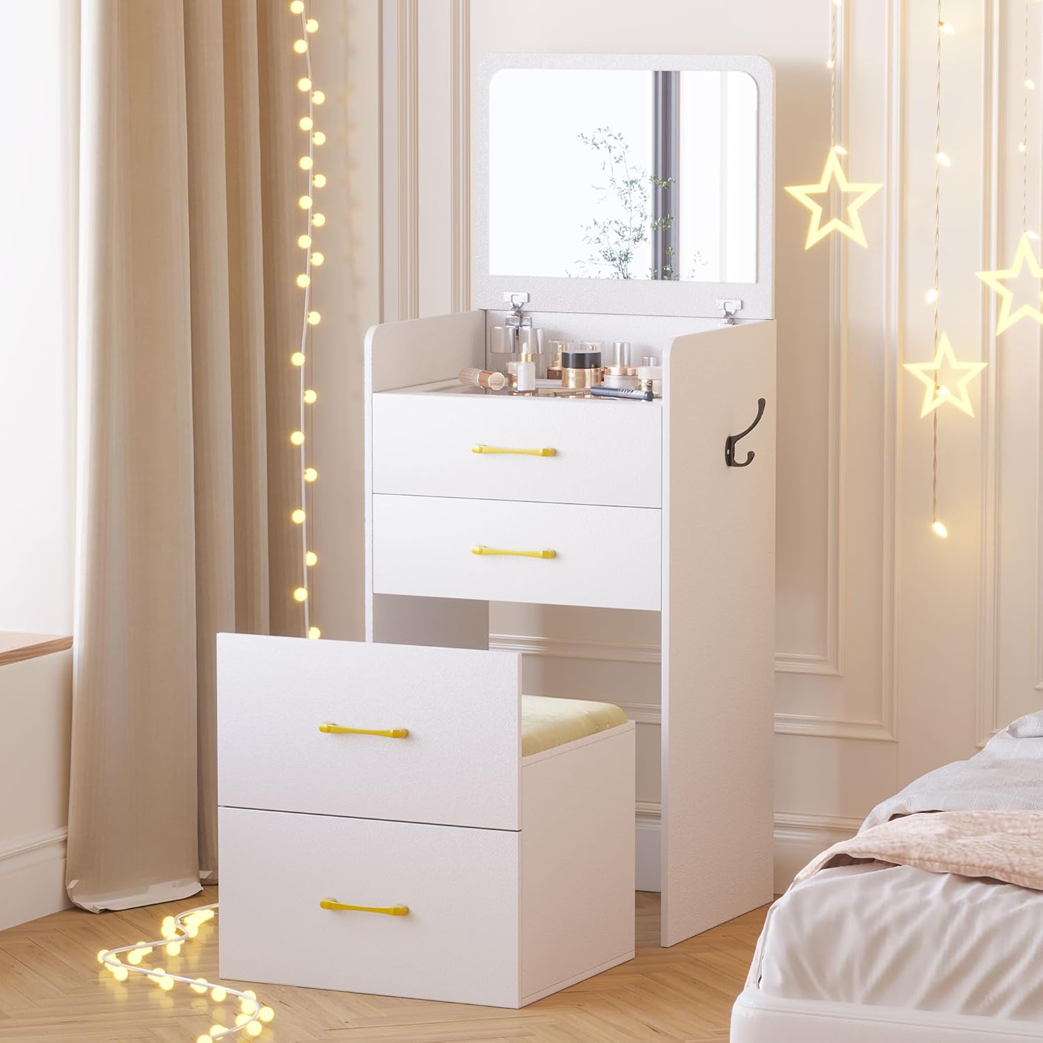 Gurexl 3-in-1 Small Vanity with Plip Top Mirror and Chair