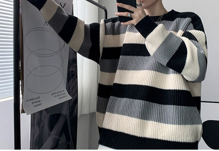 Thick Striped Sweater Men's Loose Round Neck Sweater