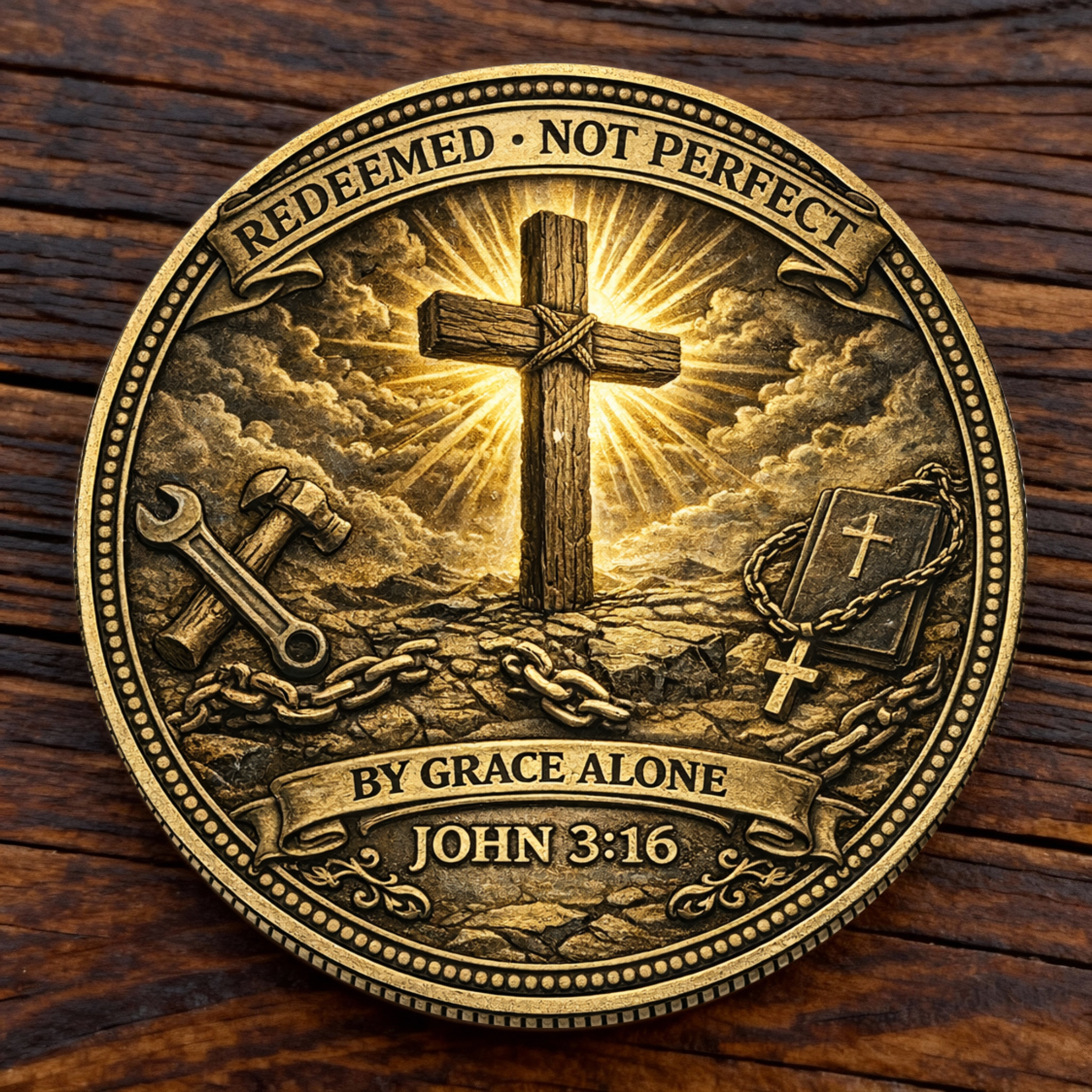 REDEEMED · NOT PERFECT™ Christian Challenge Coin — By Grace Alone (John 3:16)