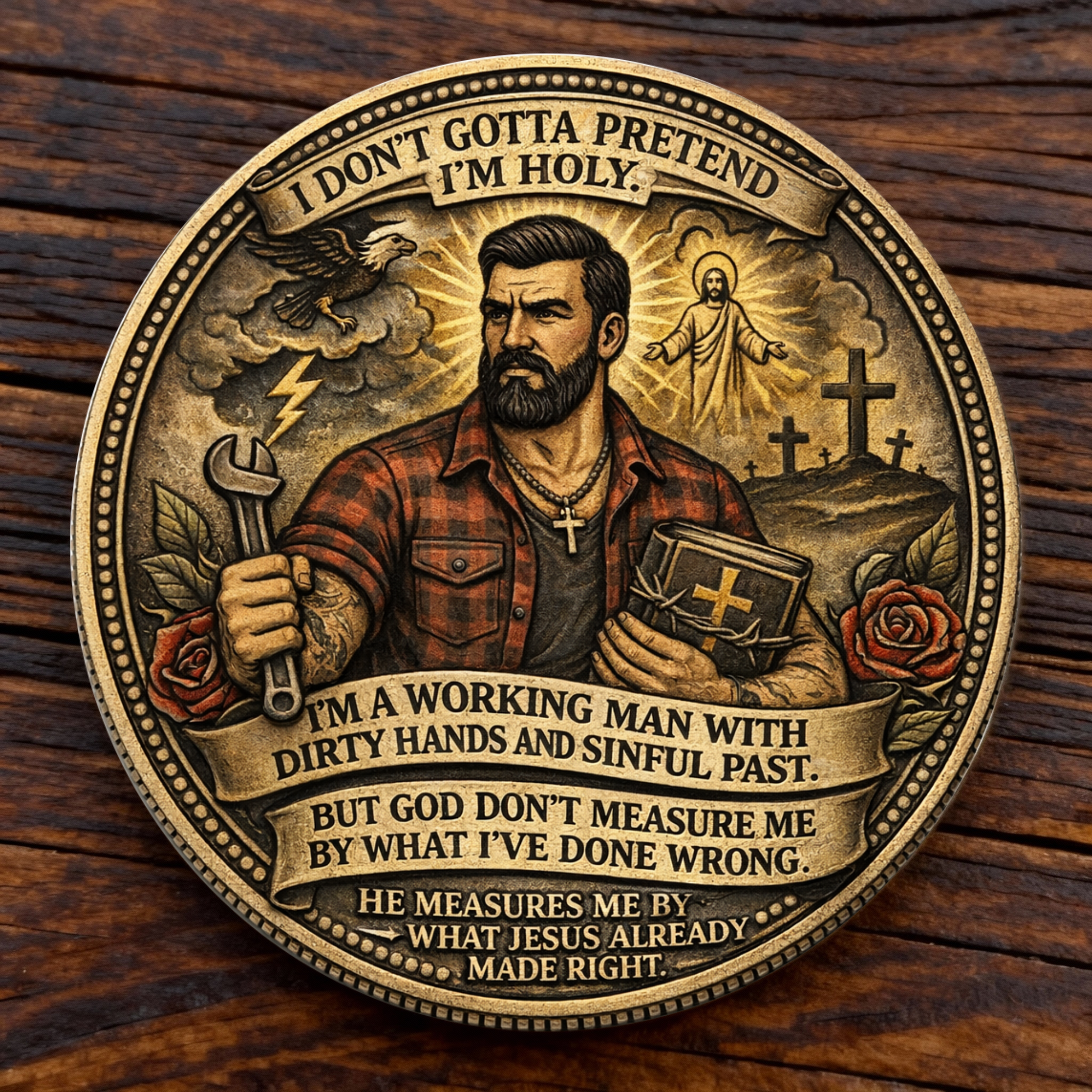 REDEEMED · NOT PERFECT™ Christian Challenge Coin — By Grace Alone (John 3:16)