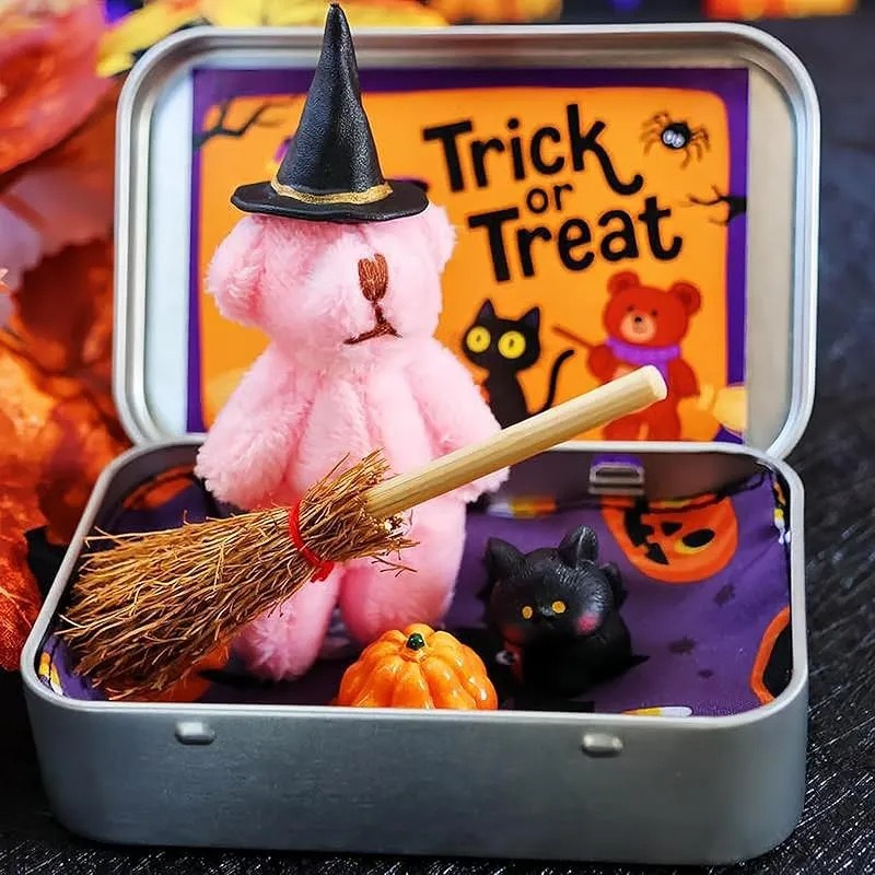🎃🧸Cute Halloween Teddy Bear in a Box with wizard hat, Blanket, Broom, Pumpkin & Cat🌟👻