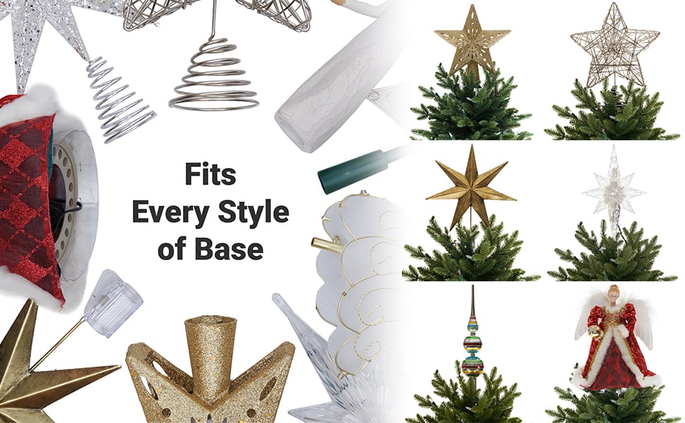The Universal Tree topper holder showing its various attachments and the types of toppers it holds
