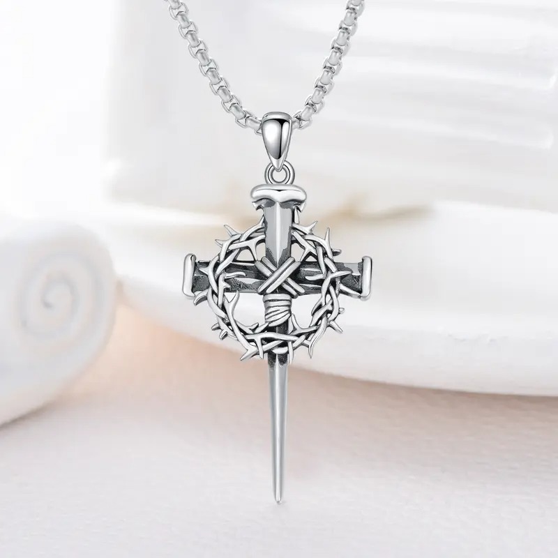Nail Cross Crown of Thorns Necklace —  3-Nail Pendant & 22"+2" Stainless Steel Chain( buy