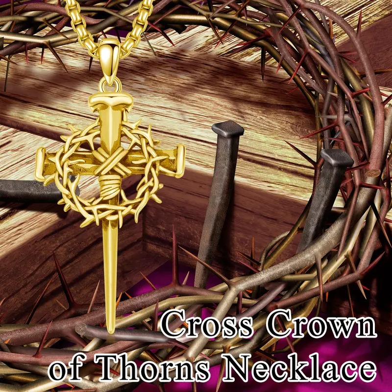 Nail Cross Crown of Thorns Necklace —  3-Nail Pendant & 22"+2" Stainless Steel Chain( buy