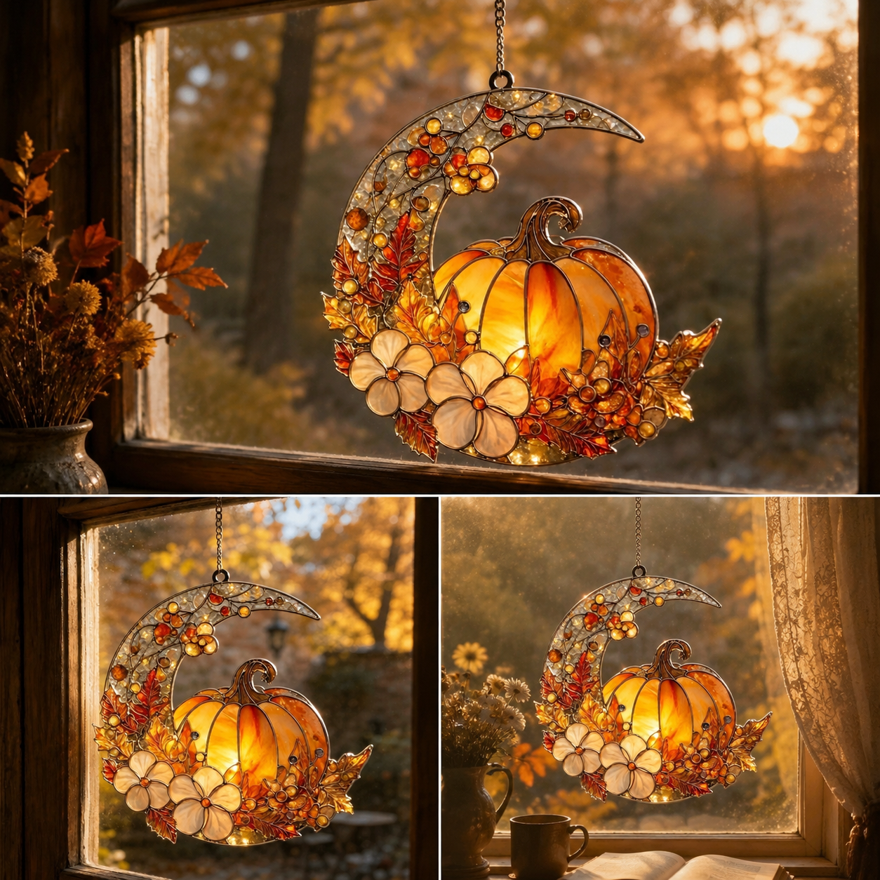 🍂 Autumn Moon Pumpkin Stained Glass Suncatcher 🌙🎃