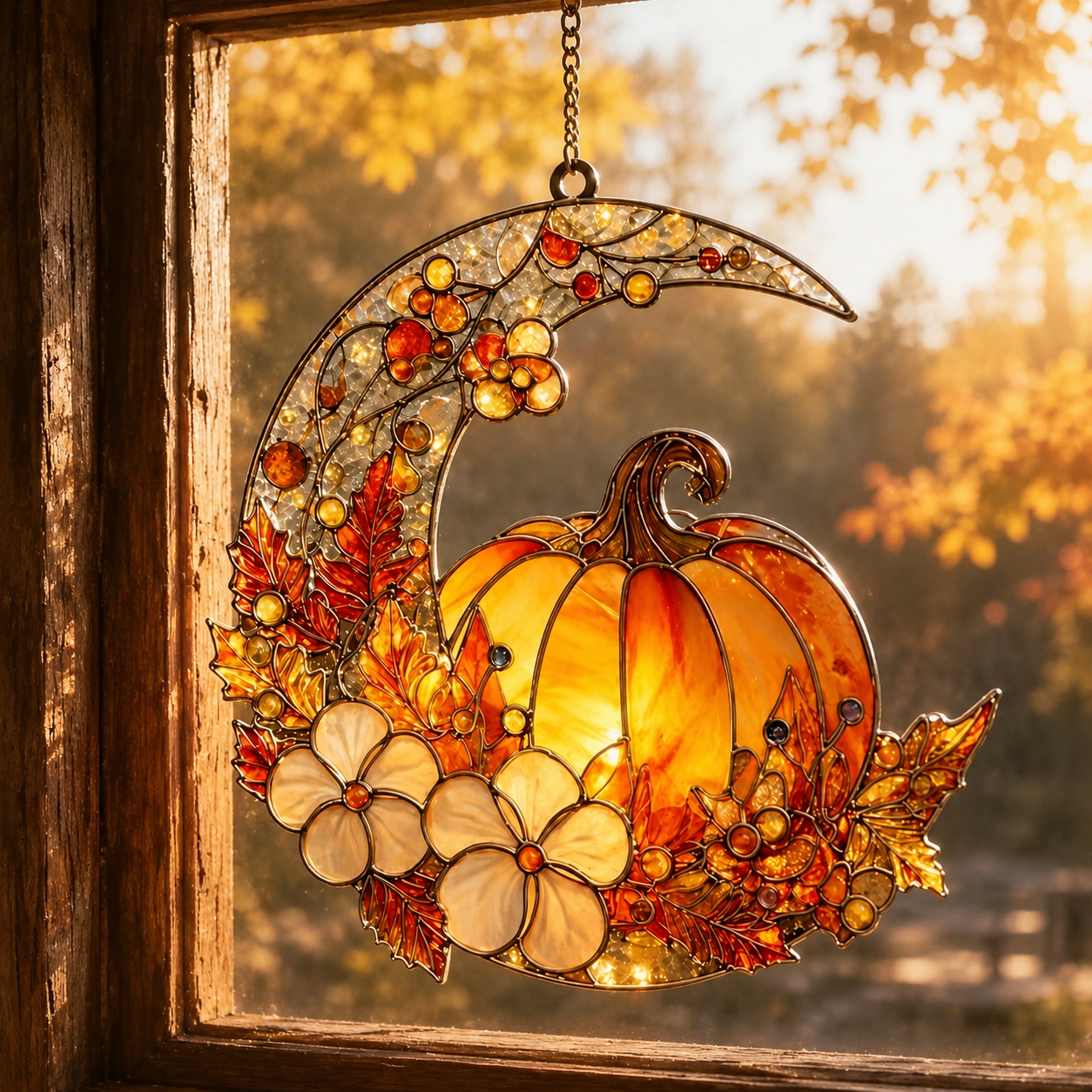 🍂 Autumn Moon Pumpkin Stained Glass Suncatcher 🌙🎃