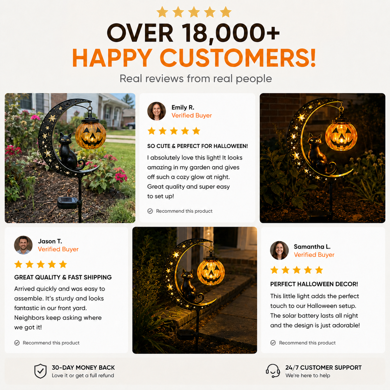 Solar Halloween garden stake light with black cat, crescent moon, stars and glowing pumpkin lantern
