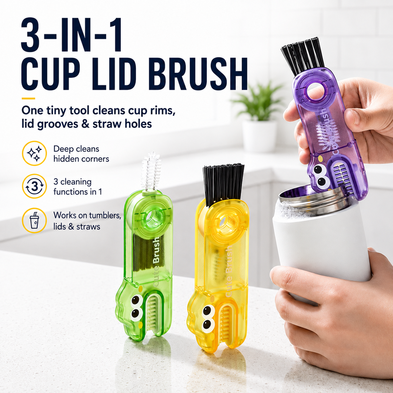 🧼 3-in-1 Cup Lid Cleaning Brush