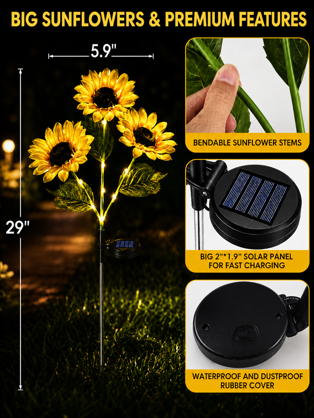 🌻 65K+ SOLD! 2026 UPGRADED Solar Sunflowers – Hyper-Realistic Petals, Stunning Shadow Projections & Dusk-to-Dawn Garden Mag