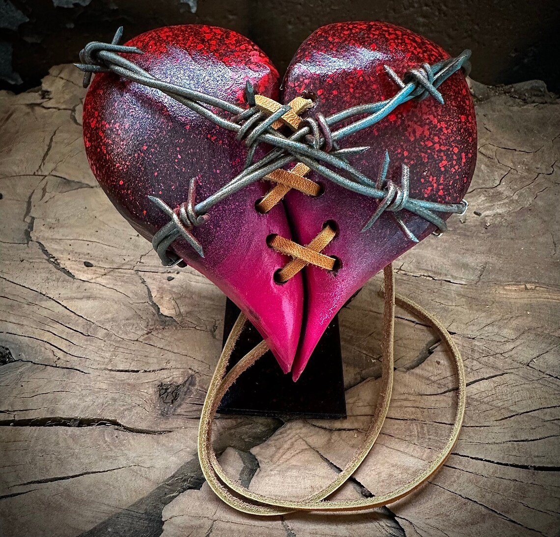 Handmade❤️‍🔥Wood Heart on Steel Pedestal Art Piece