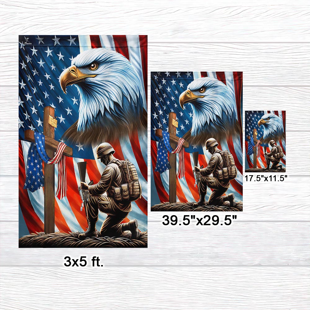 Veterans Day flag, Patriotic Eagle Veteran Kneeling Soldier Christ Cross Memorial Day American Flag