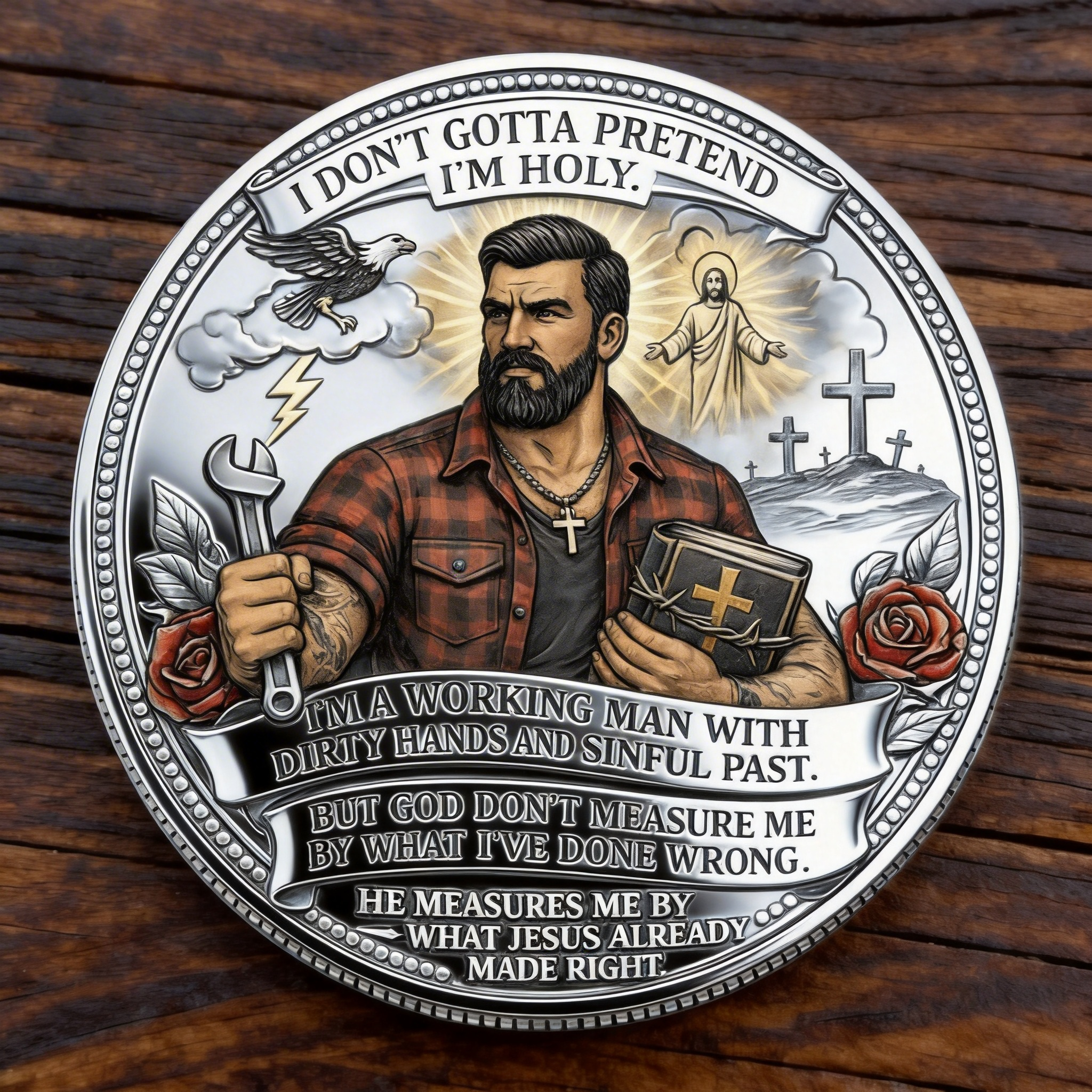 REDEEMED · NOT PERFECT™ Christian Challenge Coin — By Grace Alone (John 3:16)