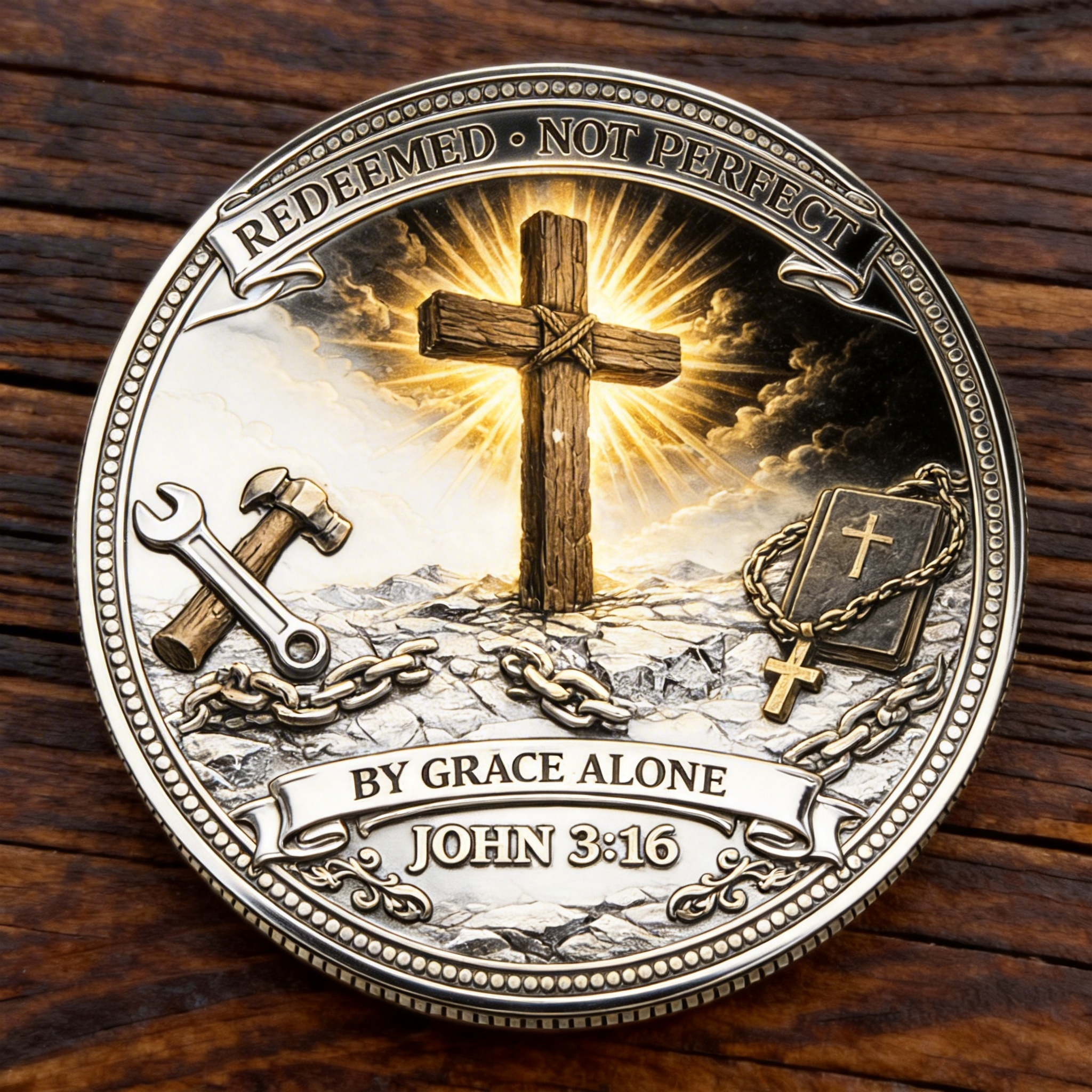 REDEEMED · NOT PERFECT™ Christian Challenge Coin — By Grace Alone (John 3:16)
