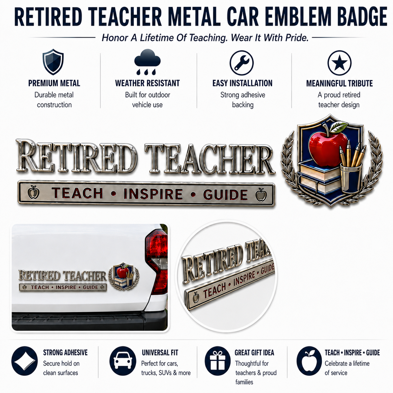 🍎 Retired Teacher Teach Inspire Guide Metal Car Emblem Badge