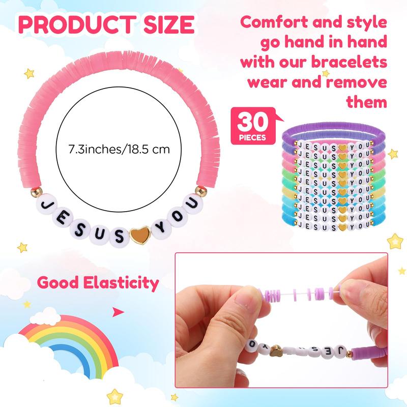 30 Pcs Jesus Loves You Bracelets Religious WWJD Clay Beads Bracelets Christian Cross Bracelets Inspirational Motivational Scripture Bracelets Friendship Bracelets Gifts for Halloween Thanksgiving Christmas for Church Groups Sunday Supplies