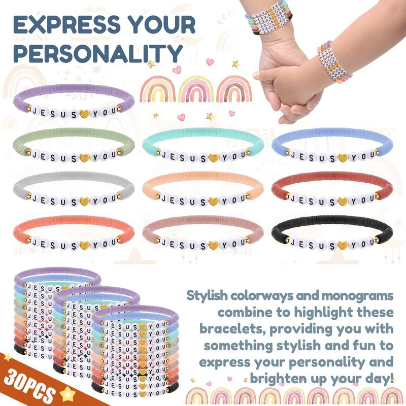 30 Pcs Jesus Loves You Bracelets Religious WWJD Clay Beads Bracelets Christian Cross Bracelets Inspirational Motivational Scripture Bracelets Friendship Bracelets Gifts for Halloween Thanksgiving Christmas for Church Groups Sunday Supplies