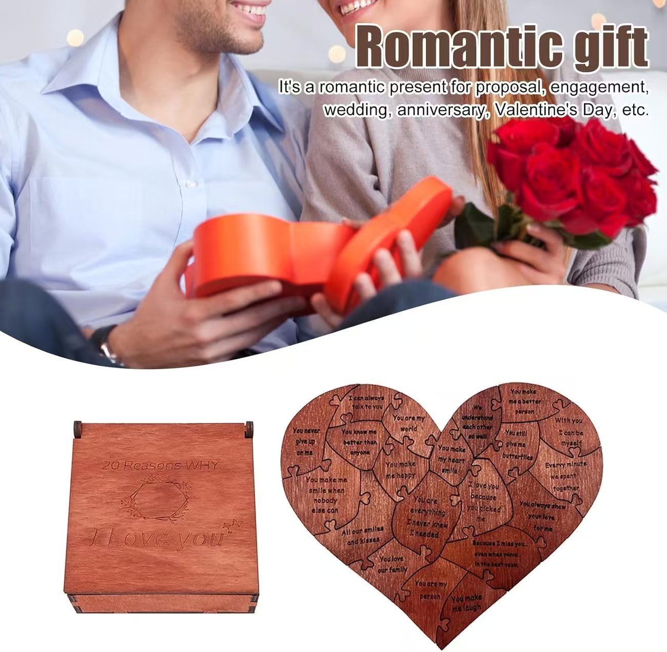 Wooden Heart Puzzle - 20 Love Notes Romantic Gift for Valentine's Day & Affection Expression