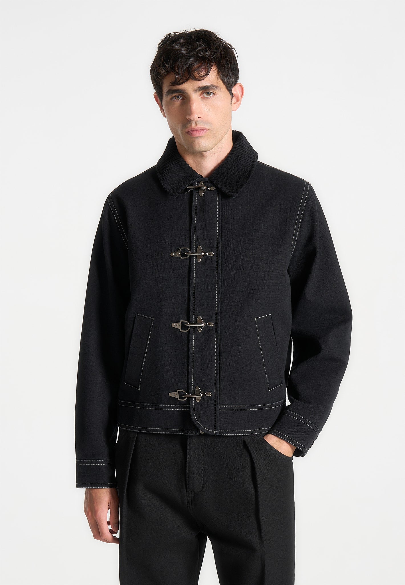 BLACK CONTRAST-STITCH GABARDINE BUCKLE JACKET