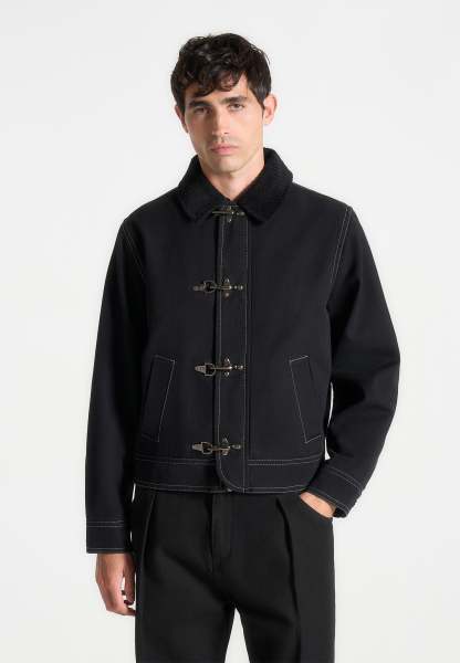 BLACK CONTRAST-STITCH GABARDINE BUCKLE JACKET
