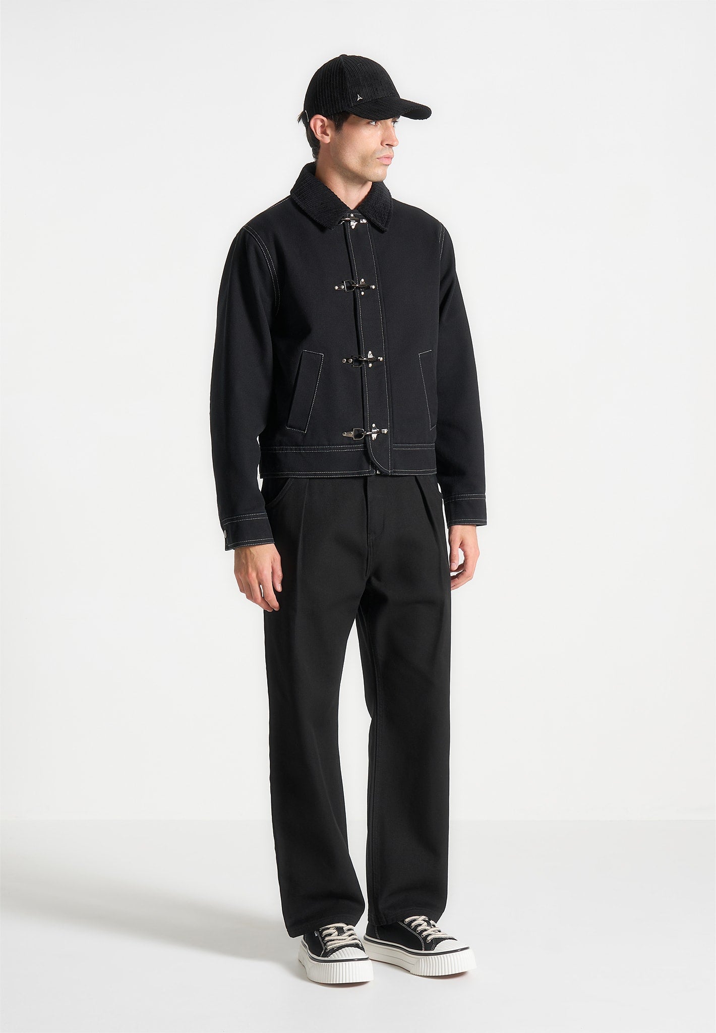 BLACK CONTRAST-STITCH GABARDINE BUCKLE JACKET