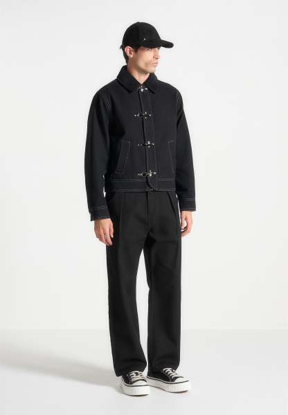 BLACK CONTRAST-STITCH GABARDINE BUCKLE JACKET