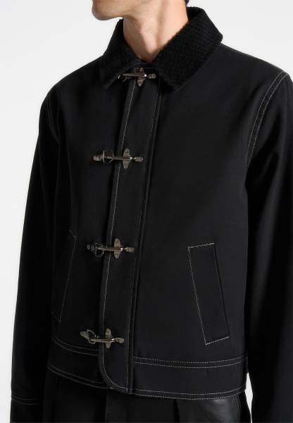 BLACK CONTRAST-STITCH GABARDINE BUCKLE JACKET