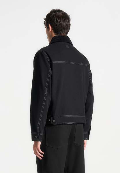 BLACK CONTRAST-STITCH GABARDINE BUCKLE JACKET