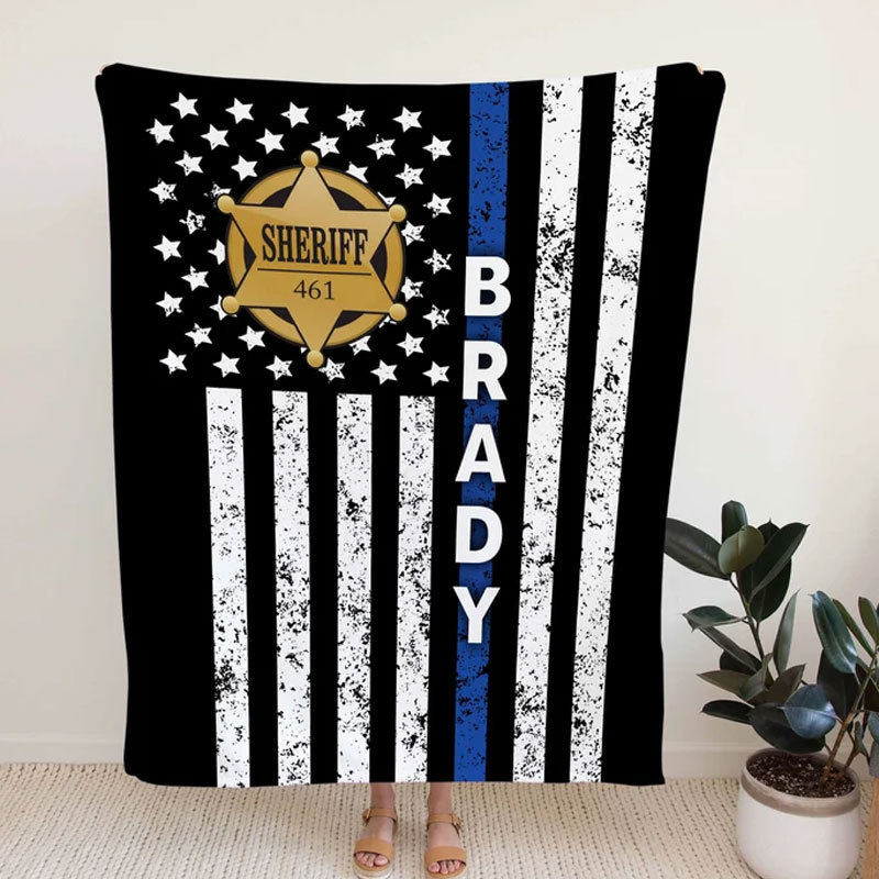 Sheriff Badge Blanket, Personalized Distressed Thin Blue Line Flag Blanket