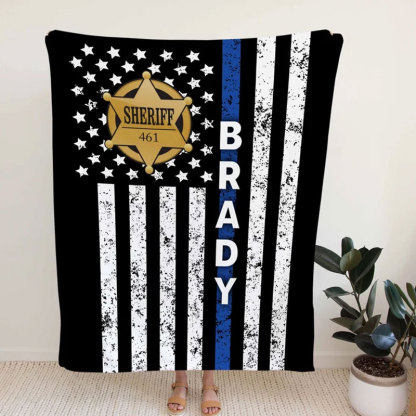 Sheriff Badge Blanket, Personalized Distressed Thin Blue Line Flag Blanket