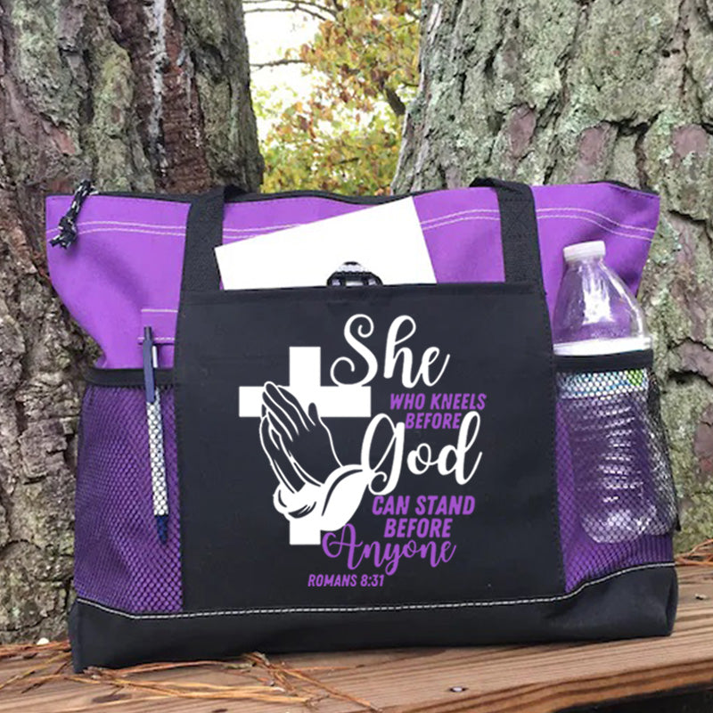 She Who Kneels Before God Tote Bag Bible Verse Tote Bag