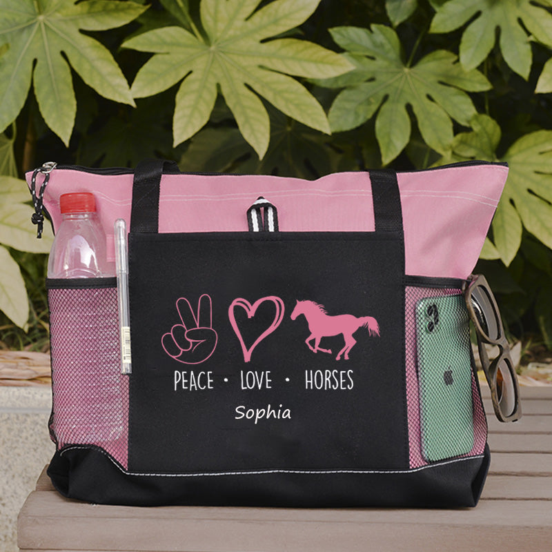 Peace Love Horses Tote Bag with Mesh Pockets