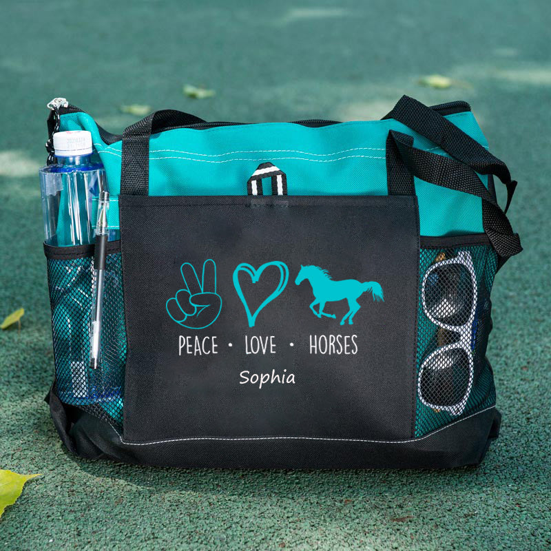 Peace Love Horses Tote Bag with Mesh Pockets