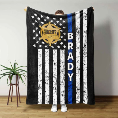 Sheriff Badge Blanket, Personalized Distressed Thin Blue Line Flag Blanket
