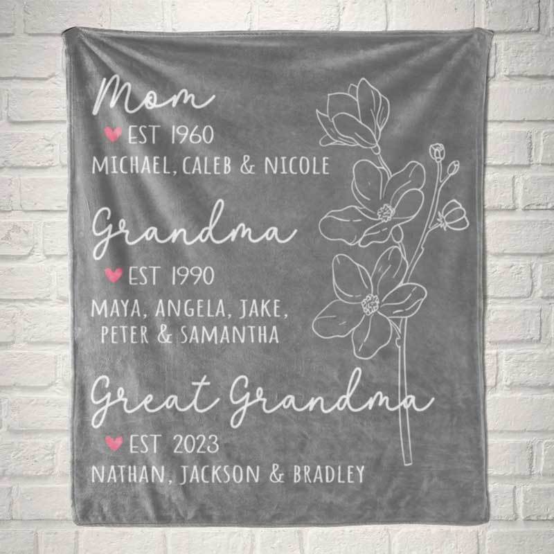 Great Grandma Blanket with Grandkid Names Grandparent Gift
