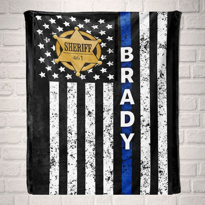 Sheriff Badge Blanket, Personalized Distressed Thin Blue Line Flag Blanket