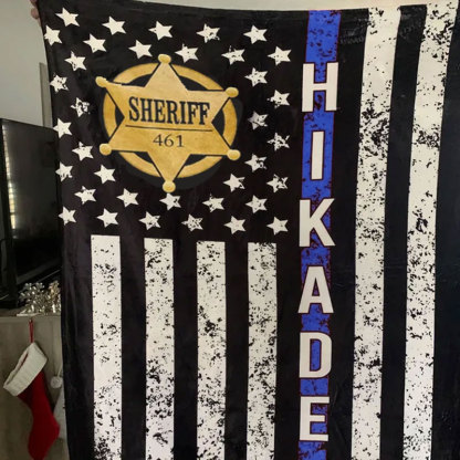 Sheriff Badge Blanket, Personalized Distressed Thin Blue Line Flag Blanket