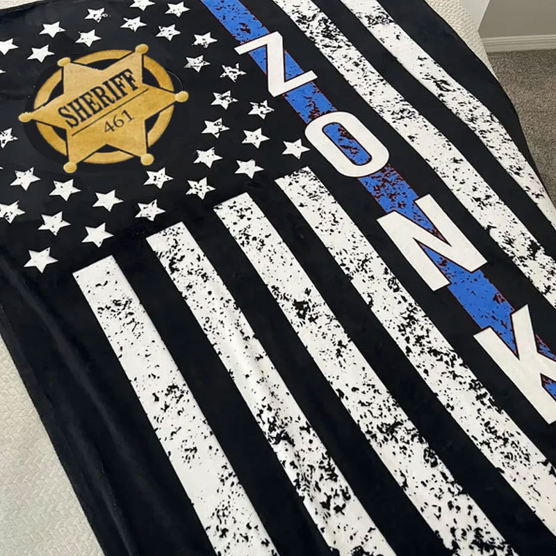 Sheriff Badge Blanket, Personalized Distressed Thin Blue Line Flag Blanket