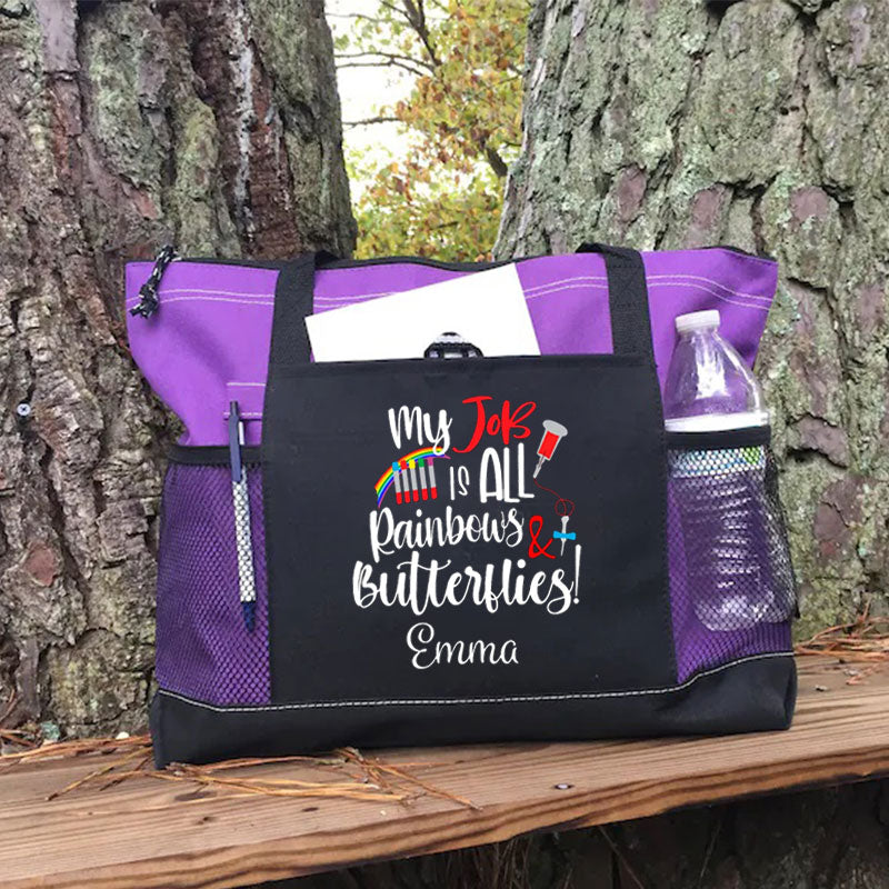 Personalized Rainbows and Butterflies Tech Tote Bag, gift for Medical Lab Technician, LT, MLT, Lab Tech Appreciation