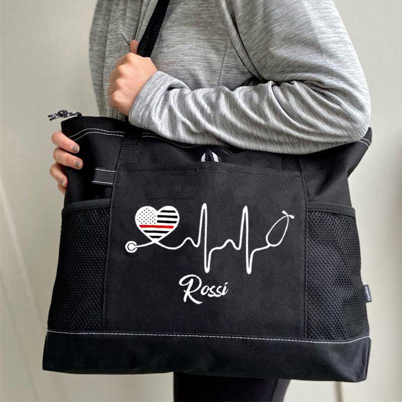 Personalized Thin Red Line Flag Heart Stethoscope Fire Rescue Tote Bag