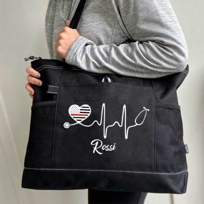 Personalized Thin Red Line Flag Heart Stethoscope Fire Rescue Tote Bag